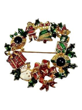 Christopher Radko Christmas Brooch Wreath Santa Snowman Holly Enamel Pin VTG